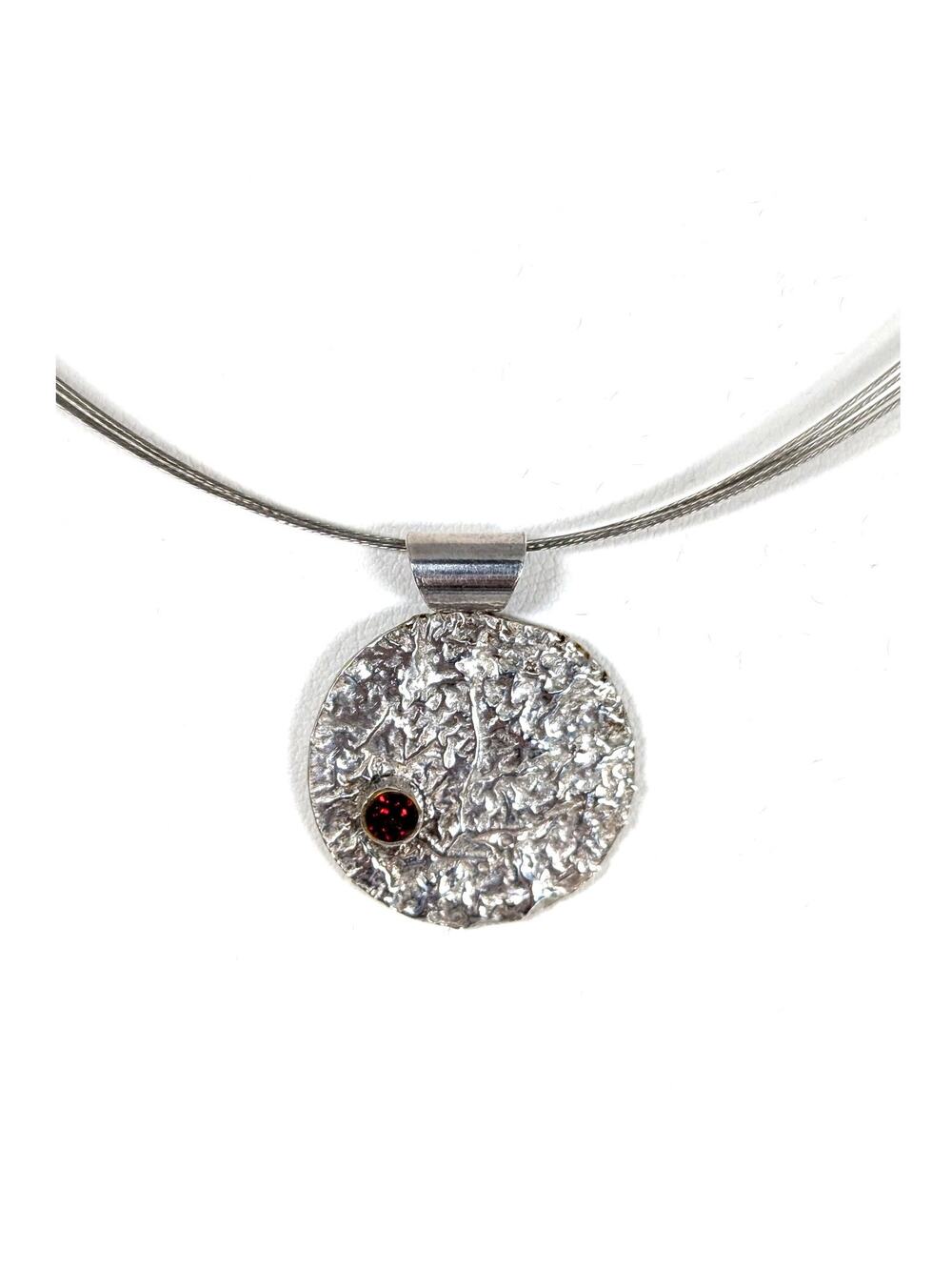 Silver coin retriculated on 5 strand wire necklace ruby CZ 17"wire 1" pendant